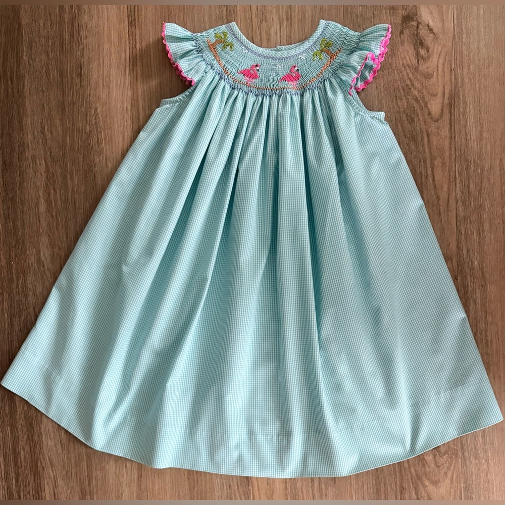 Bella Lillie Smocked Flamingo Dress with Flutter Sleeves-size 3T